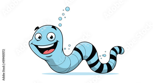 Happy blue worm character with black stripes and a big smile swimming in water with rising bubbles in a fun cartoon illustration.