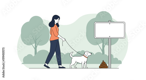 Woman walking her white dog on a leash in a green park near a blank sign and a pile of dog waste highlighting pet owner responsibility.