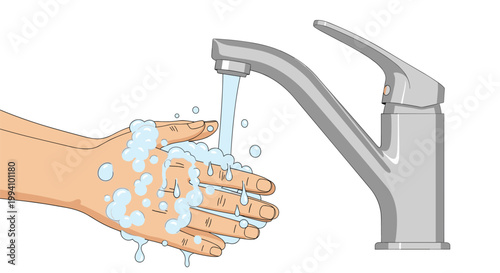 Human hands being thoroughly washed with soap bubbles under a flowing silver faucet to ensure personal hygiene and prevent disease.