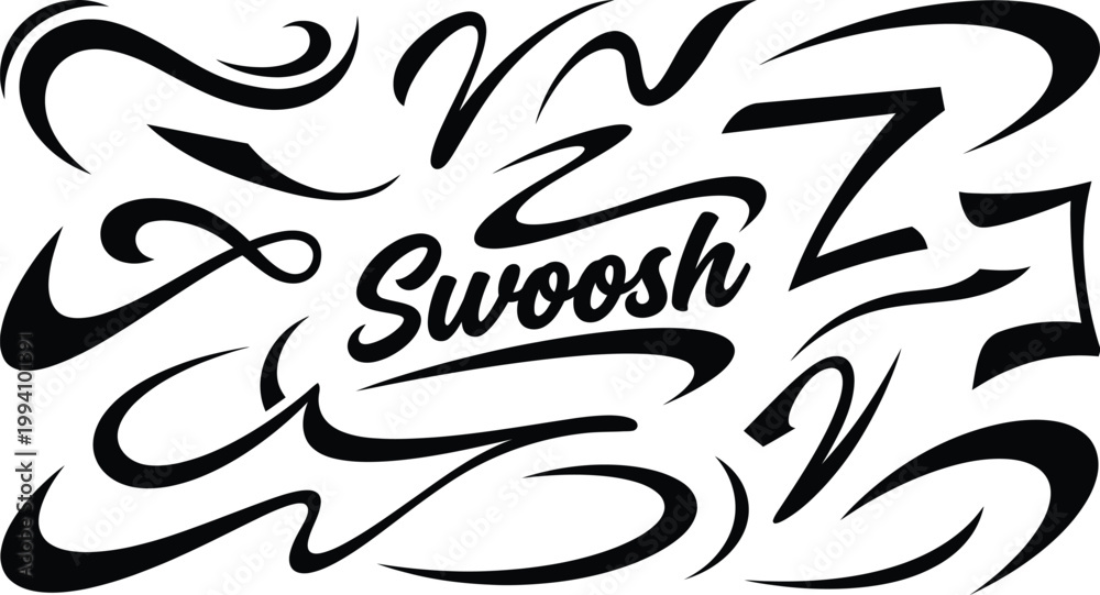 Obraz premium A collection of various black swoosh vector graphic design elements featuring dynamic flowing curves and stylized abstract motion stroke shapes