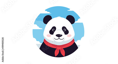 Cute panda bear head wearing a bright red scarf against a blue sky with soft white clouds in a circular animal portrait illustration.