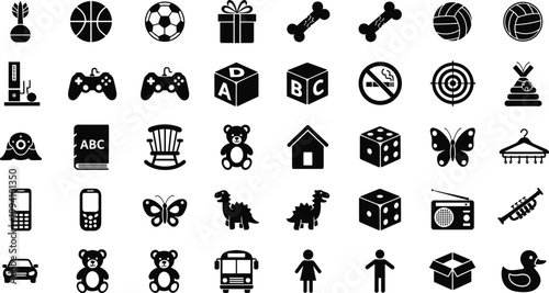 Mega set of black vector icons featuring school bus silhouettes ABC blocks teddy bears dinosaurs rocking chairs and childhood toys for nursery design and educational materials