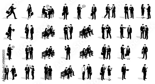 business people in silhouette interacting in various scenarios professional concept
