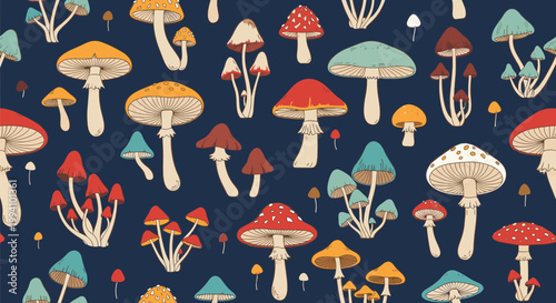 Seamless pattern of various colorful forest mushrooms with different shapes and sizes on a dark navy blue background for textile design.