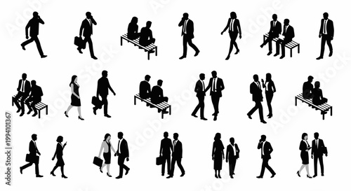business people silhouettes in various poses walking talking sitting