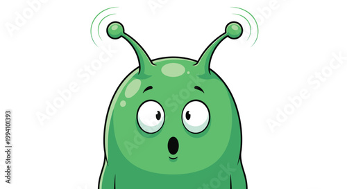 Surprised green alien character with long antennas and wide eyes looking directly at the viewer in a fun space themed cartoon illustration.