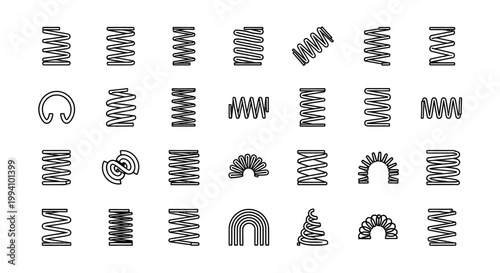 collection of diverse spring coil icons and symbols in outline style