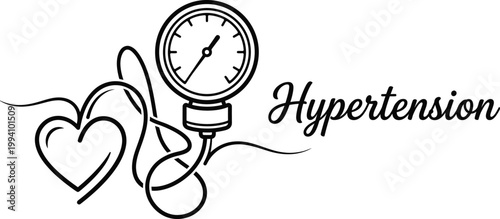 Minimalist vector illustration of a heart intertwined with a blood pressure gauge symbolizing hypertension