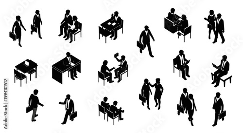 isometric business people silhouette vector set showing office workers in various corporate situations