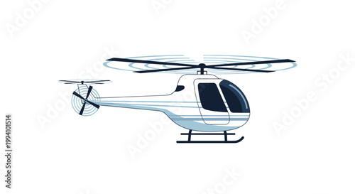 Modern white helicopter with dark blue windows and dual rotors flying through the air representing transportation or emergency services.
