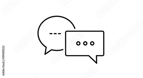 Two minimalist speech bubbles with dots inside representing conversation text message or digital communication in a clean outline icon style.