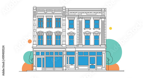 Elegant two building commercial facade with classical columns and large shop windows in a detailed architectural line drawing with colors.