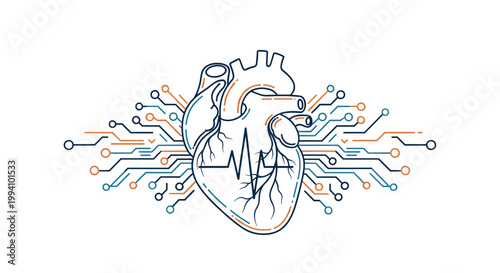 Detailed anatomical heart drawing with blue and orange circuit lines and a heartbeat pulse representing modern medical technology and data.