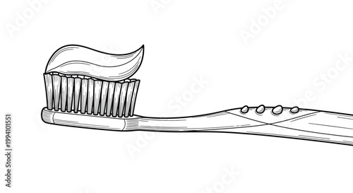 Close up of a manual toothbrush with a swirl of minty toothpaste on its bristles for daily dental hygiene routine.