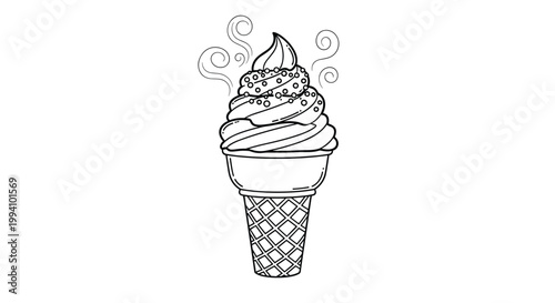 Hand drawn sketch of a delicious soft serve ice cream in a waffle cone topped with colorful sprinkles and sweet aroma.