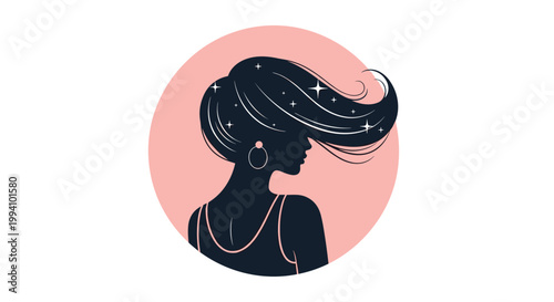 Artistic silhouette of a woman with flowing dark hair filled with sparkling stars set against a soft pink circular background.