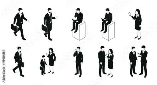isometric black silhouette people vector set demonstrating diverse business communication and technology use in a modern corporate setting