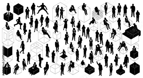 isometric black silhouette people vector set of diverse business professionals in an abstract architectural corporate network illustrating interaction.