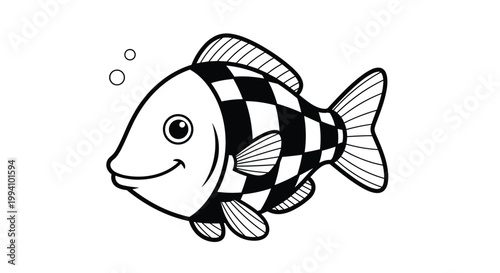 Cute cartoon illustration of a smiling fish with a black and white checkered pattern on its body for children coloring book.