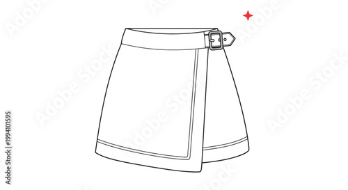 Simple line drawing of a stylish wrap skirt with a waist buckle and decorative red star element for fashion design concept.