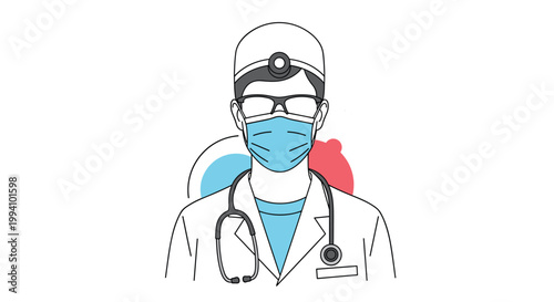 Professional illustration of a doctor wearing a surgical mask, protective glasses, and a head mirror with a stethoscope around neck.