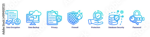 Data Protection web banner icon vector illustration with icons of Data Encryption,Data Backup,Privacy,Firewall,Protection,Database Security and Password