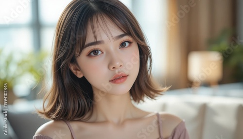 A young woman with shoulder-length hair and subtle makeup gazes softly at the camera in a warmly lit indoor setting. Free Download A young woman with shoulder-length hair and subtle makeup gazes softly at the camera in a warmly lit indoor setting. - GFXLoad