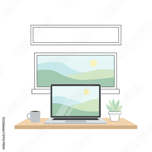 Minimalist workspace with laptop and mug on wooden desk against a white background with a plant and scenic wall art.