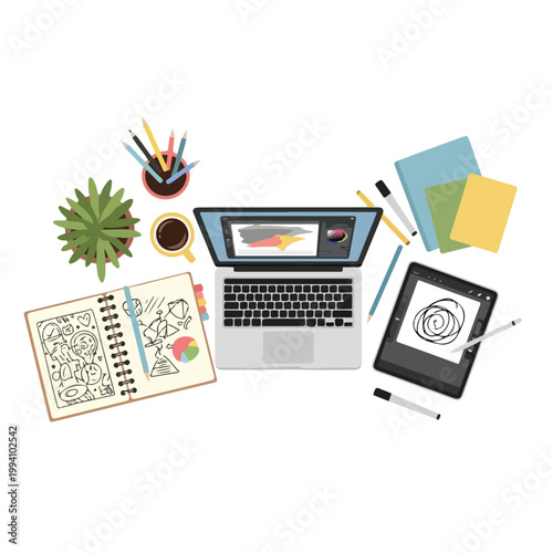 Flat lay of a remote work desk setup with a laptop, tablet, notebooks, and office supplies on a white background.