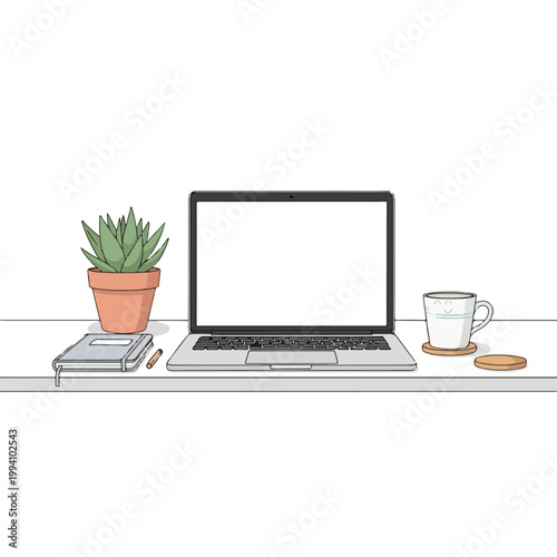 A well-organized remote work desk setup with a laptop, books, plant, and coffee cup on a clean surface with a minimalist aesthetic.