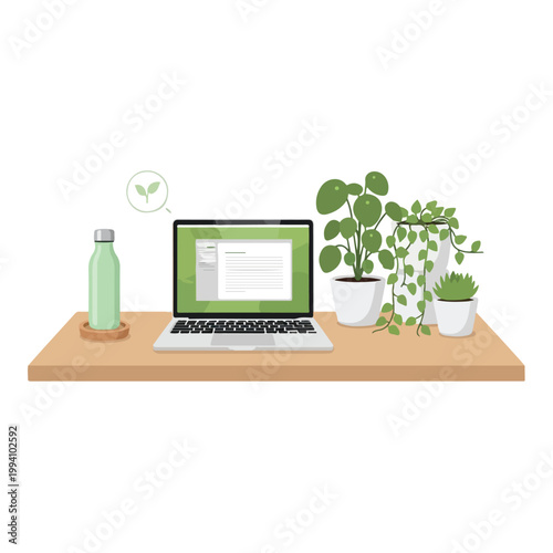 A well-organized remote work desk setup featuring a laptop with a green screen, a water bottle, and potted plants on a wooden desk against a clean white background with a calming and