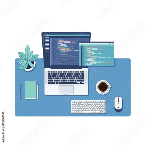 Flat lay of a remote work desk setup with a laptop, monitor, keyboard, mouse, coffee cup, notebook, and plant on a blue desk against a white background with a professional and organized