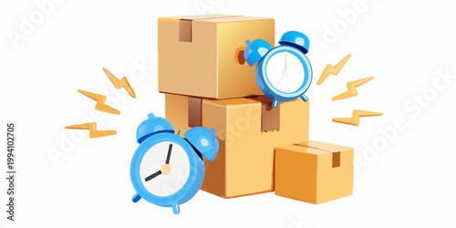 Delivery deadline with alarm clocks and cardboard boxes showing urgency