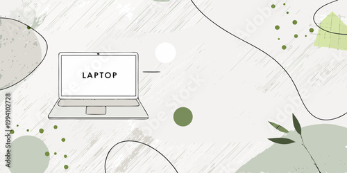Minimalist illustration of a laptop with abstract shapes and foliage