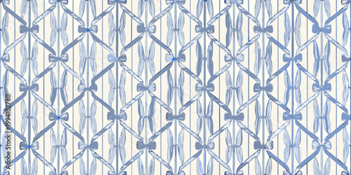 A repeating pattern of blue ribbons and bows on a pale background