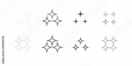 Collection of sparkling star shapes with varying styles and opacity
