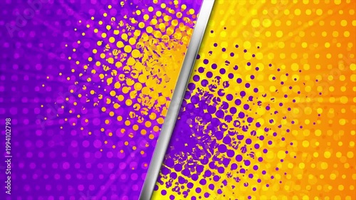 Abstract violet and orange versus background with silver metallic divider, halftone dot patterns, and grunge texture. Sport motion design. Seamless loop. Video animation Ultra HD 4K 3840x2160