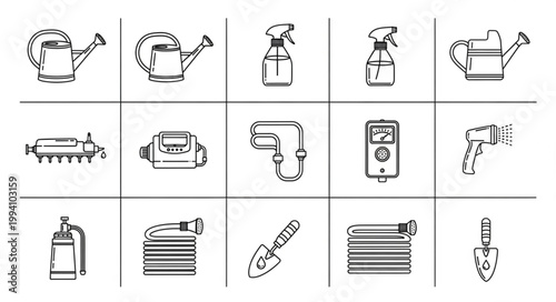 Collection of garden tools and equipment line art icons.