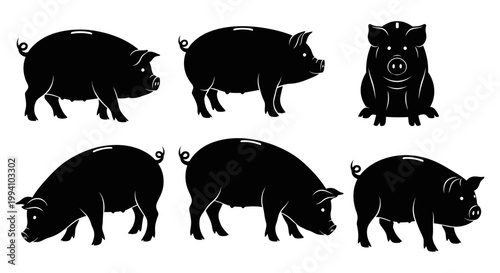 Set of Piggy Bank Silhouettes in Various Poses
