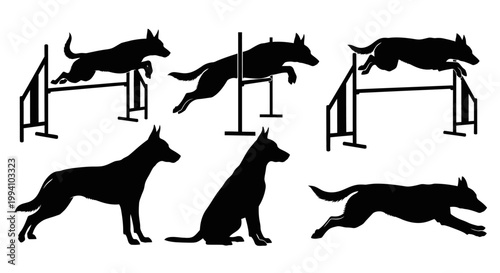 Set of German Shepherd Dog Silhouettes in Agility Training and Poses