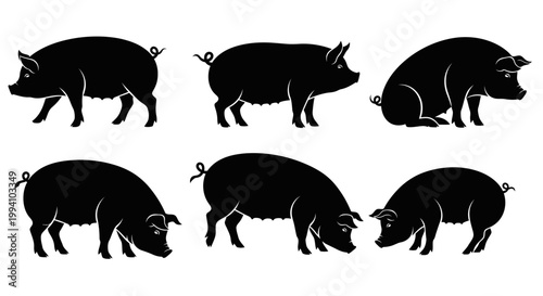 Black Pig Silhouettes Set, Farm Animal Icons for Agriculture and Livestock Design