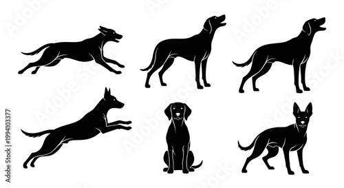 Set of Black Dog Silhouettes in Various Poses