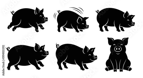 Set of Cute Pig Silhouettes in Various Poses