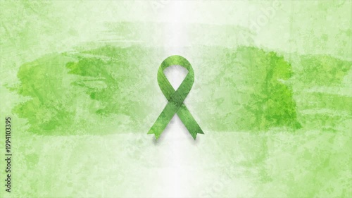 Green awareness ribbon symbol for mental health, lymphoma, or liver cancer awareness on grunge watercolor blots abstract background. Healthcare motion design. Video animation Ultra HD 4K 3840x2160