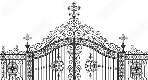 Ornate Wrought Iron Gate with Decorative Floral and Cross Elements
