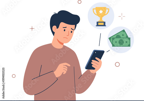 Man thinking about money and trophy while using smartphone