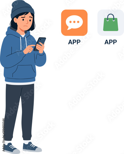 A person in a blue hoodie interacts with a mobile phone next to app icons.