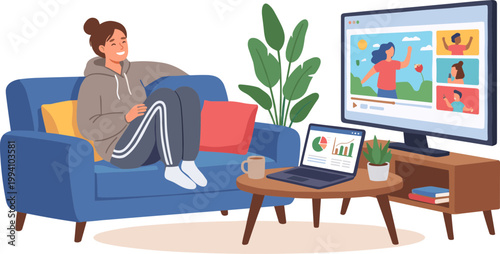 Woman relaxes on blue couch watching colorful presentation on TV and laptop at home