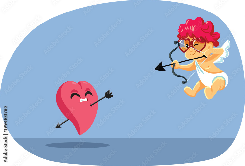 Fototapeta premium Cupid Pierces a Heart with an Arrow Vector Illustration. Winged Eros angel using bow and arrow to strike 