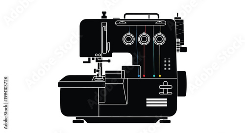 Black and white illustration of a vintage industrial sewing machine